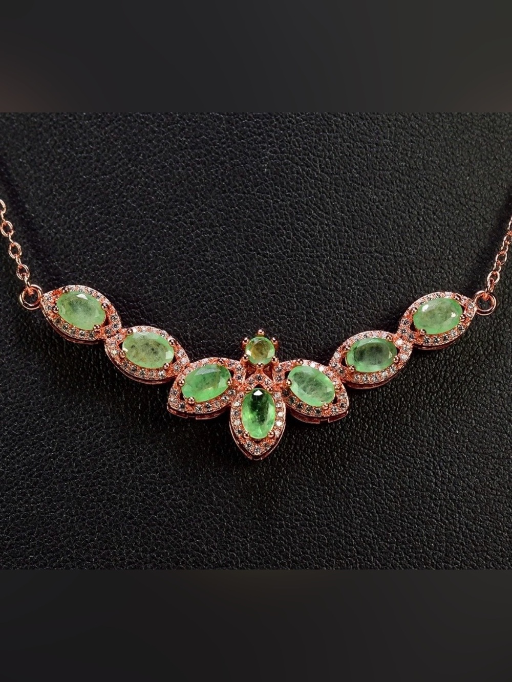 3.88ct Emerald & white Topaz stationary Necklace 14k Rose Gold on silver adj